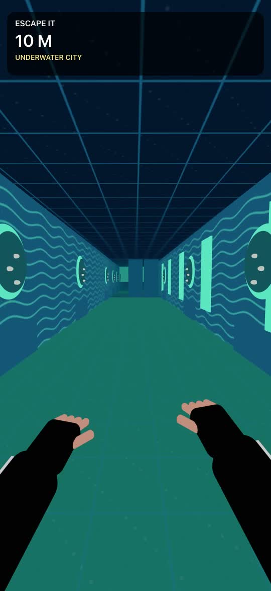 A blue Backrooms corridor lined with glowing porthole decorations